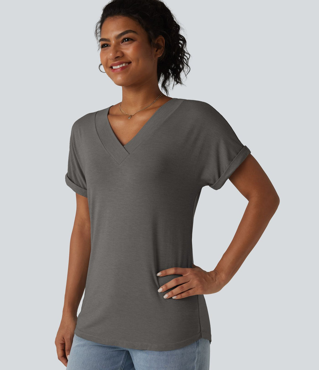T-shirt décontracté col V à manches chauve-souris courtes