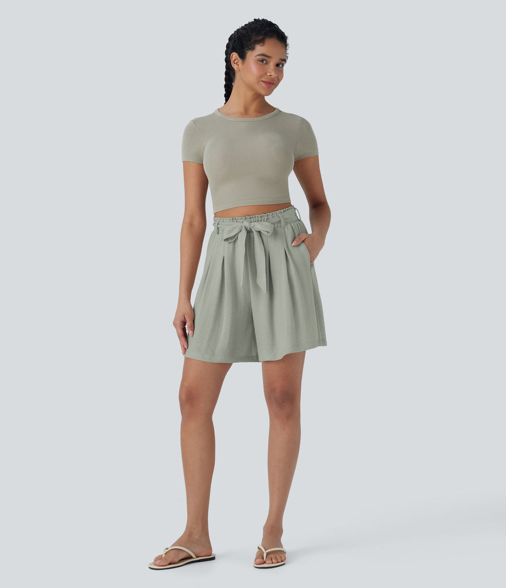 Bermuda décontracté taille haute effet lin avec ceinture et poches latérales