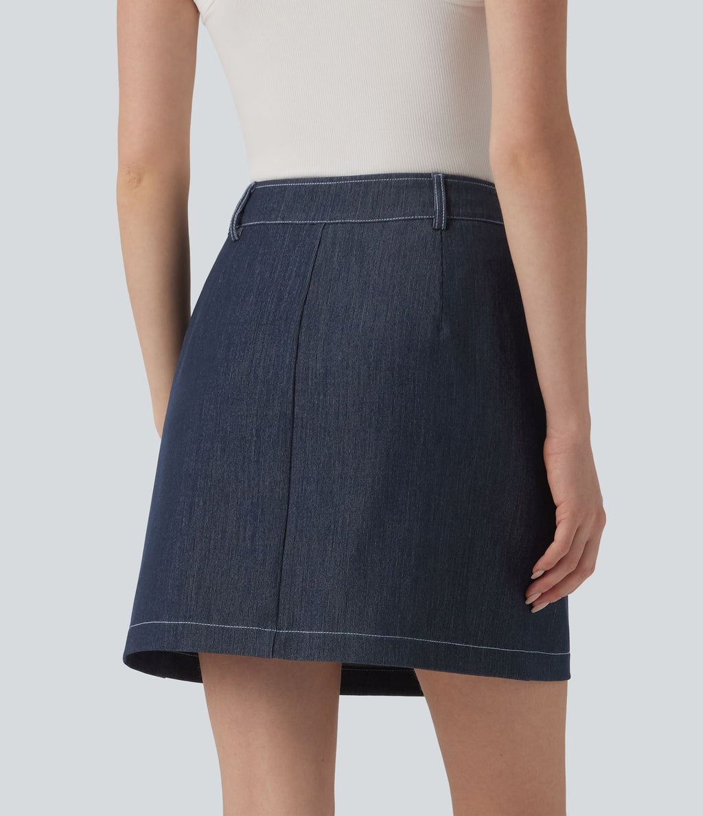 Jupe mini évasée casual 2-en-1 aspect denim taille haute avec poches