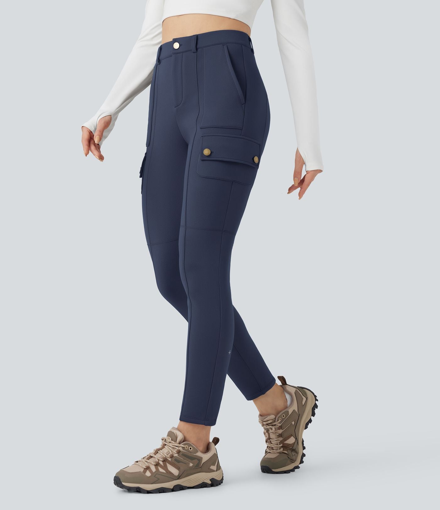 Pantalon cargo de randonnée ajusté polaire taille haute avec poches