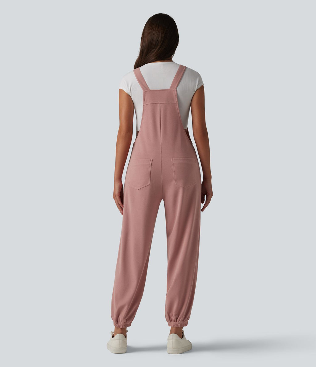 Salopette casual fuselée col carré en tissu gaufré avec poches