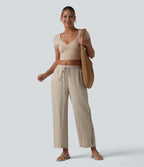 Pantalon droit taille mi-haute aspect lin avec cordon de serrage et poches