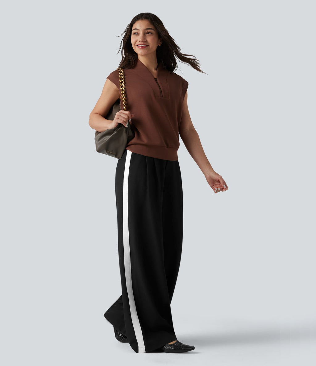 Pantalon large infroissable taille haute color block décontracté aspect lin avec poches