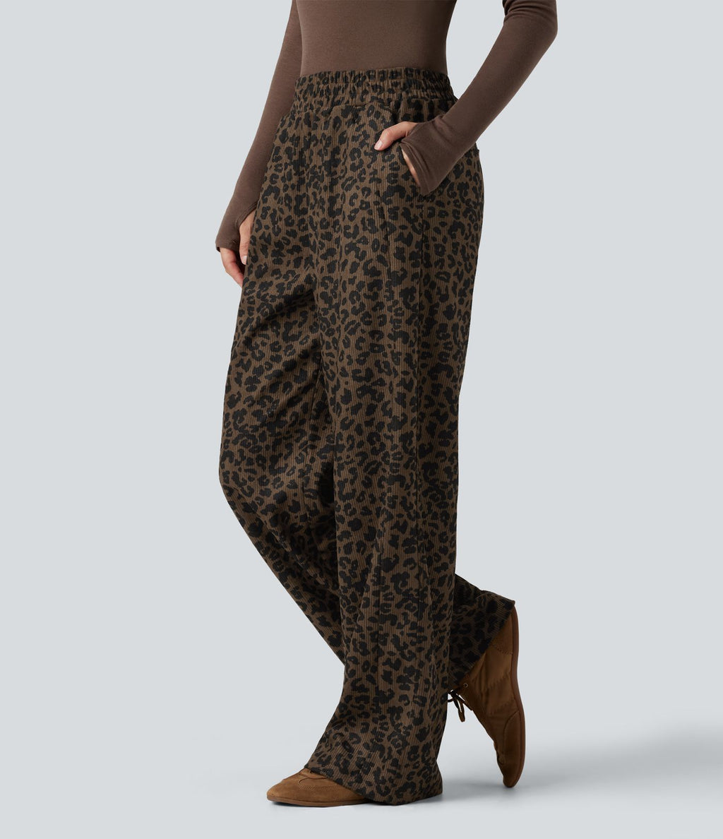 Pantalon léopard velours côtelé imprimé coupe droite mop taille haute avec poches