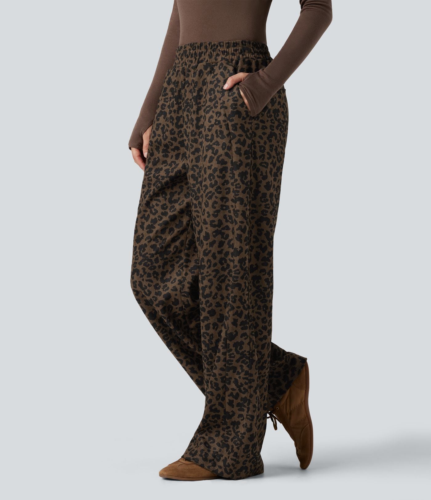 Pantalon léopard velours côtelé imprimé coupe droite mop taille haute avec poches