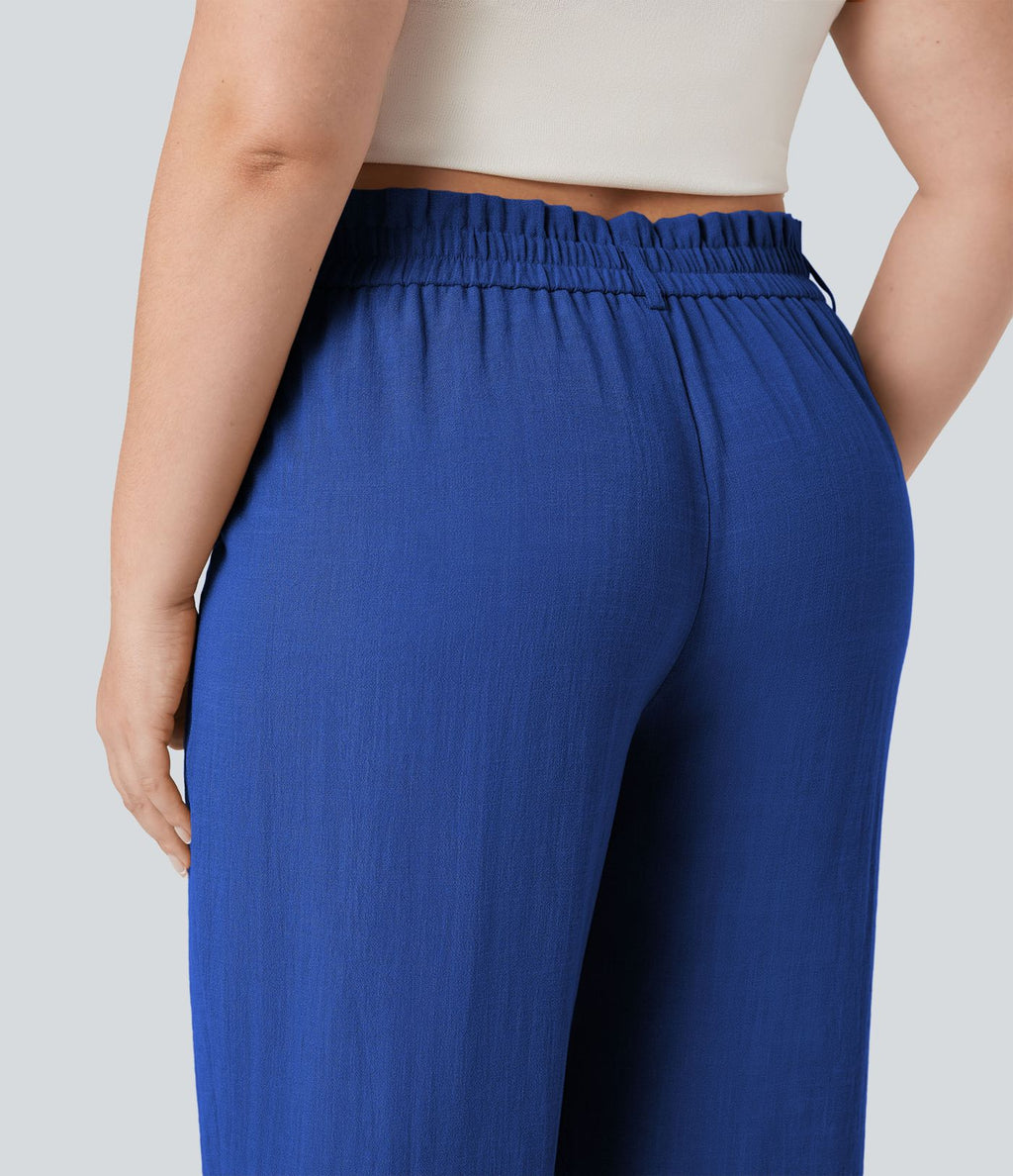 Pantalon de villégiature capri effet lin, grande taille, taille haute, avec poches