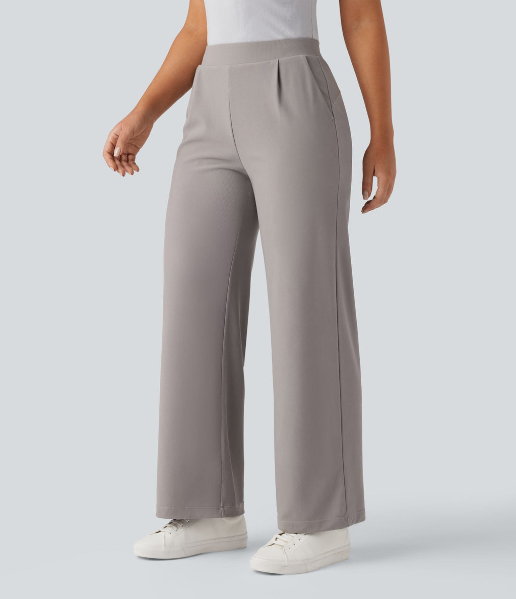 Pantalon tailleur large gainant sculptant taille haute en micro-gaufré avec poches Halara Flex™