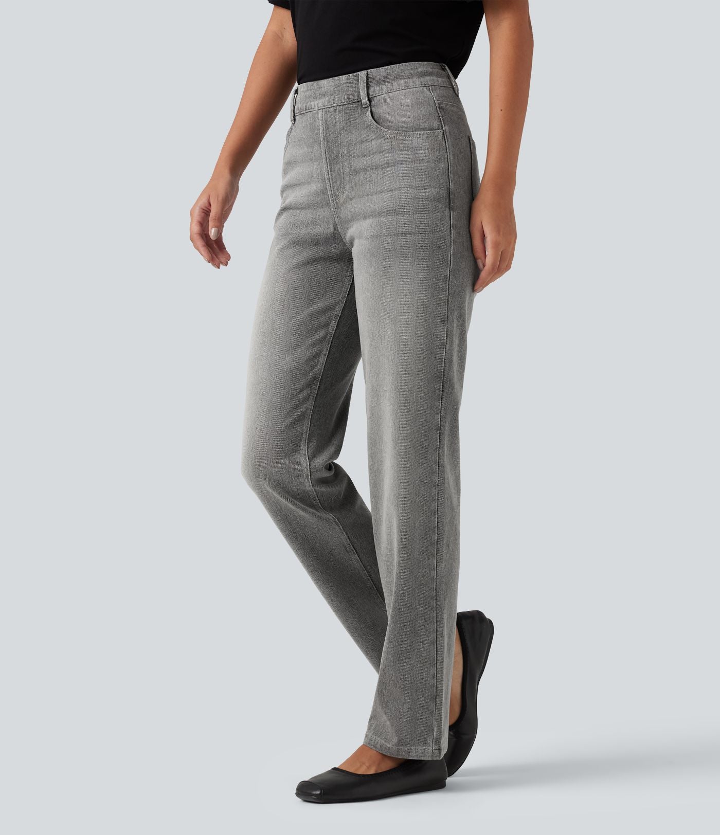 Jean droit Halara Flex™ à taille haute, poches multiples, effet délavé et tissu extensible