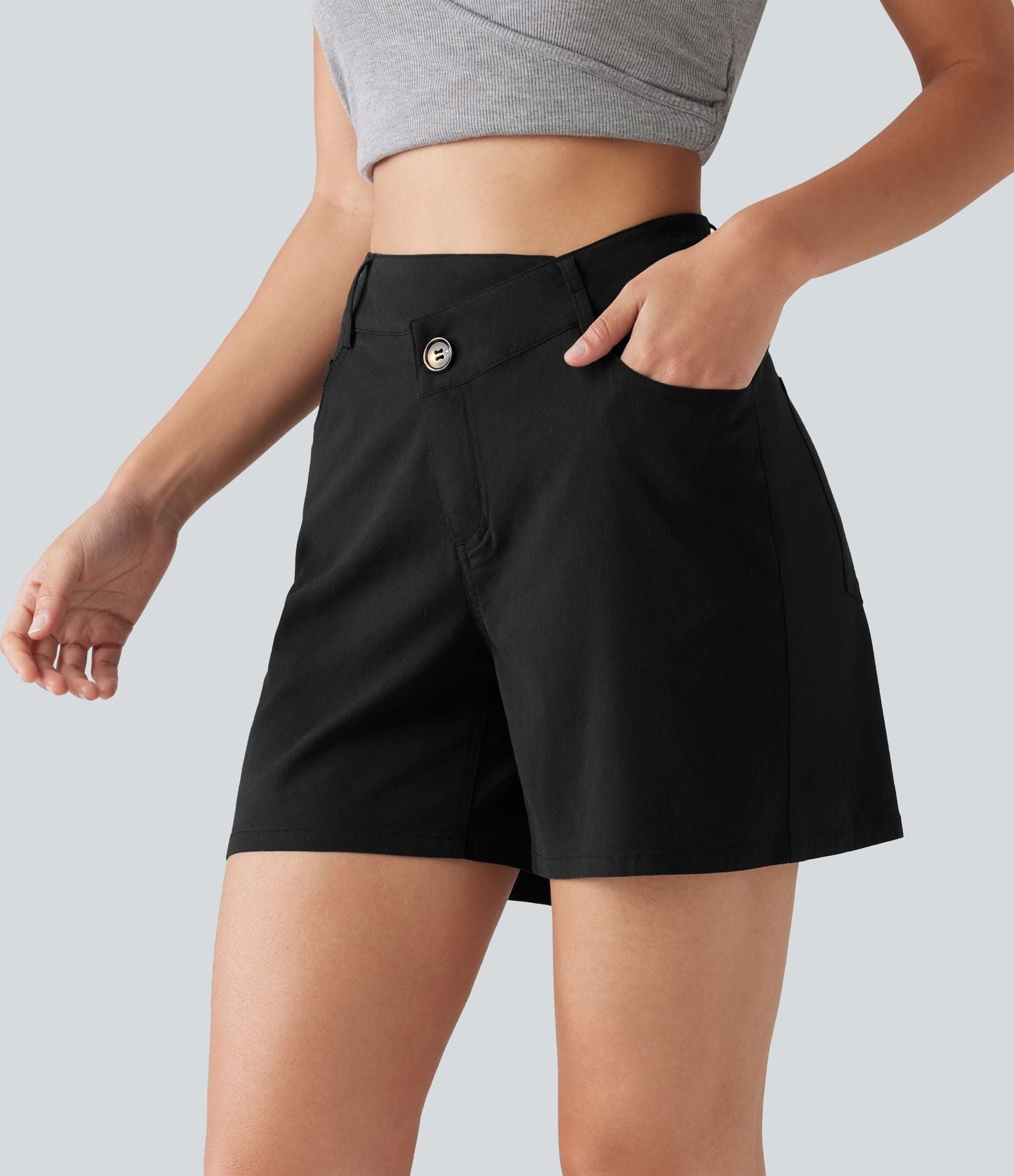 Short taille haute croisé décontracté en lin stretch 12,5 cm avec poches