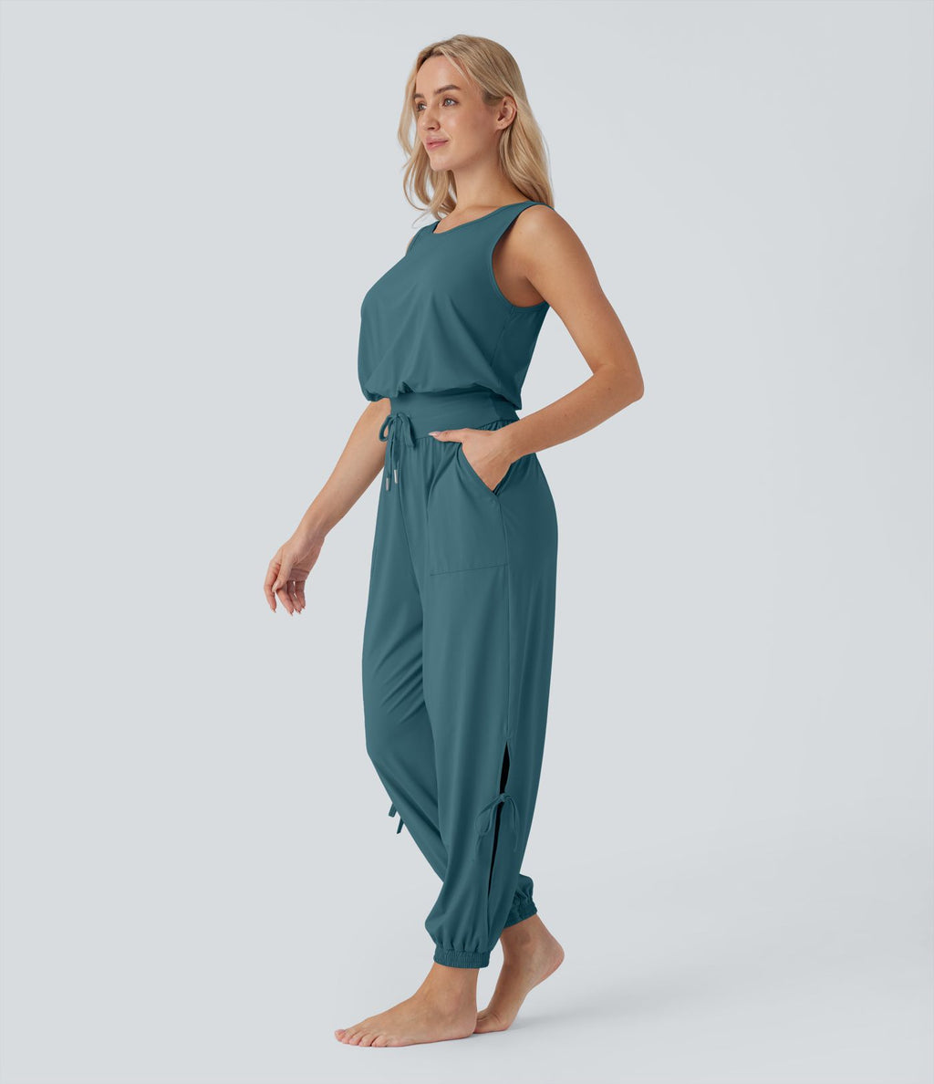 Combinaison de yoga col bateau sans manches dos nu avec découpes et poches latérales à cordon de serrage effet frais InstantCool, protection solaire UPF50+