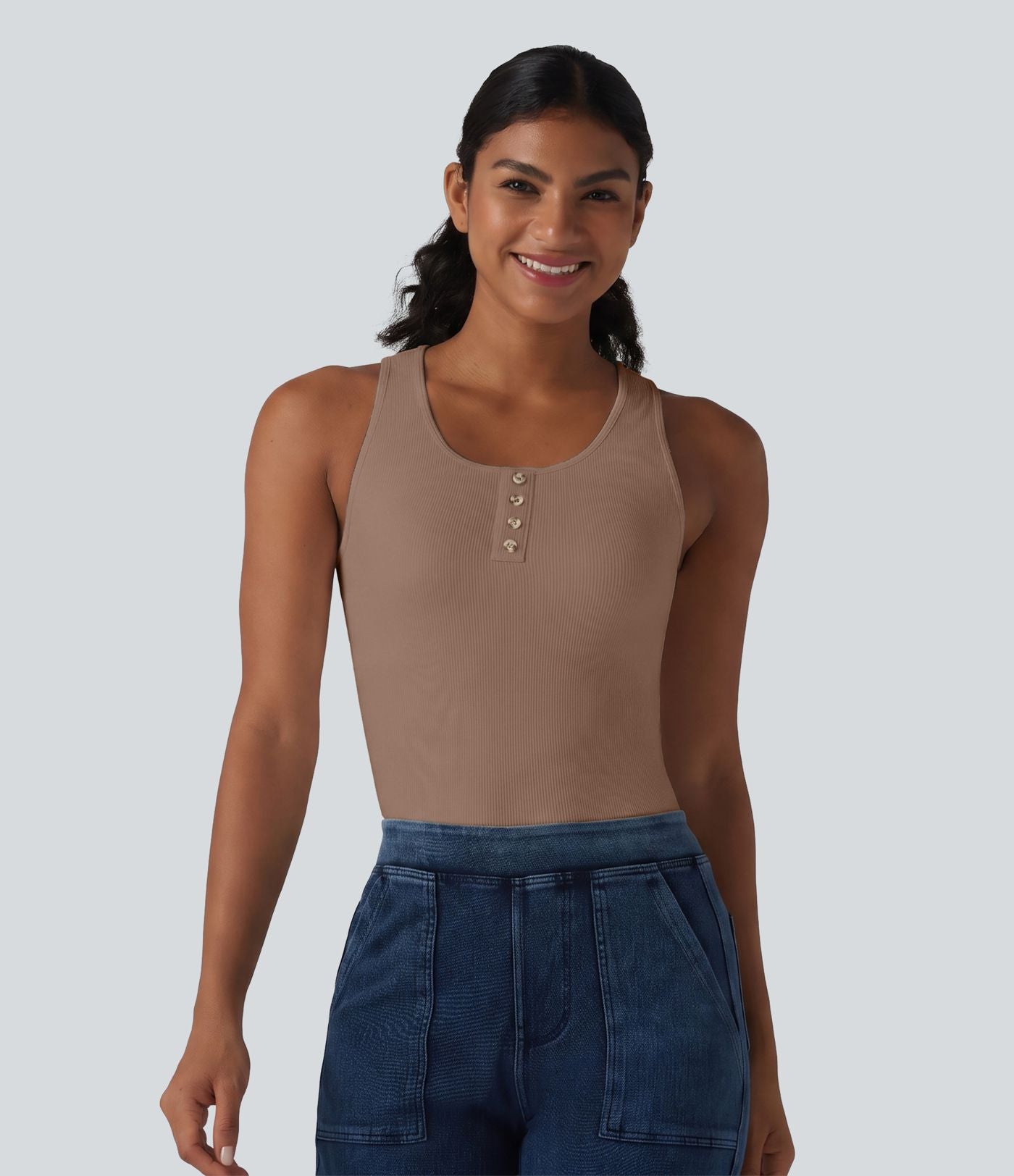 Débardeur casual en maille côtelée col rond avec brassière intégrée