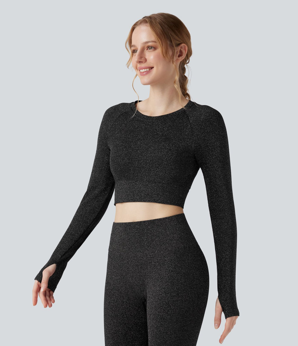 Crop top OneForm Seamless Flow, manches longues, col rond, effet sparkle avec passe-pouces
