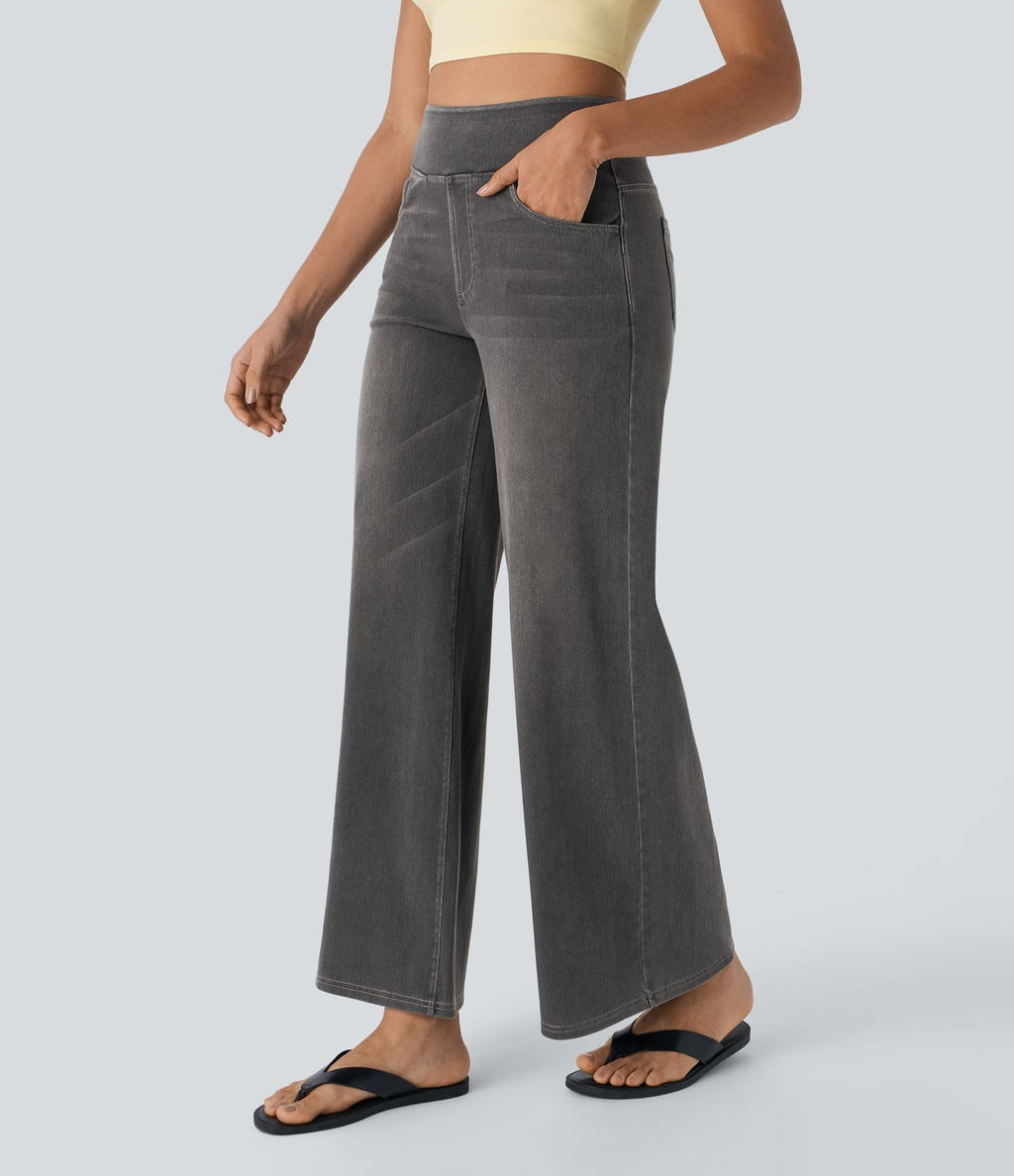 Halara Flex™ Jean Large Casual Taille Haute Poches Multiples Tricot Extensible Délavé