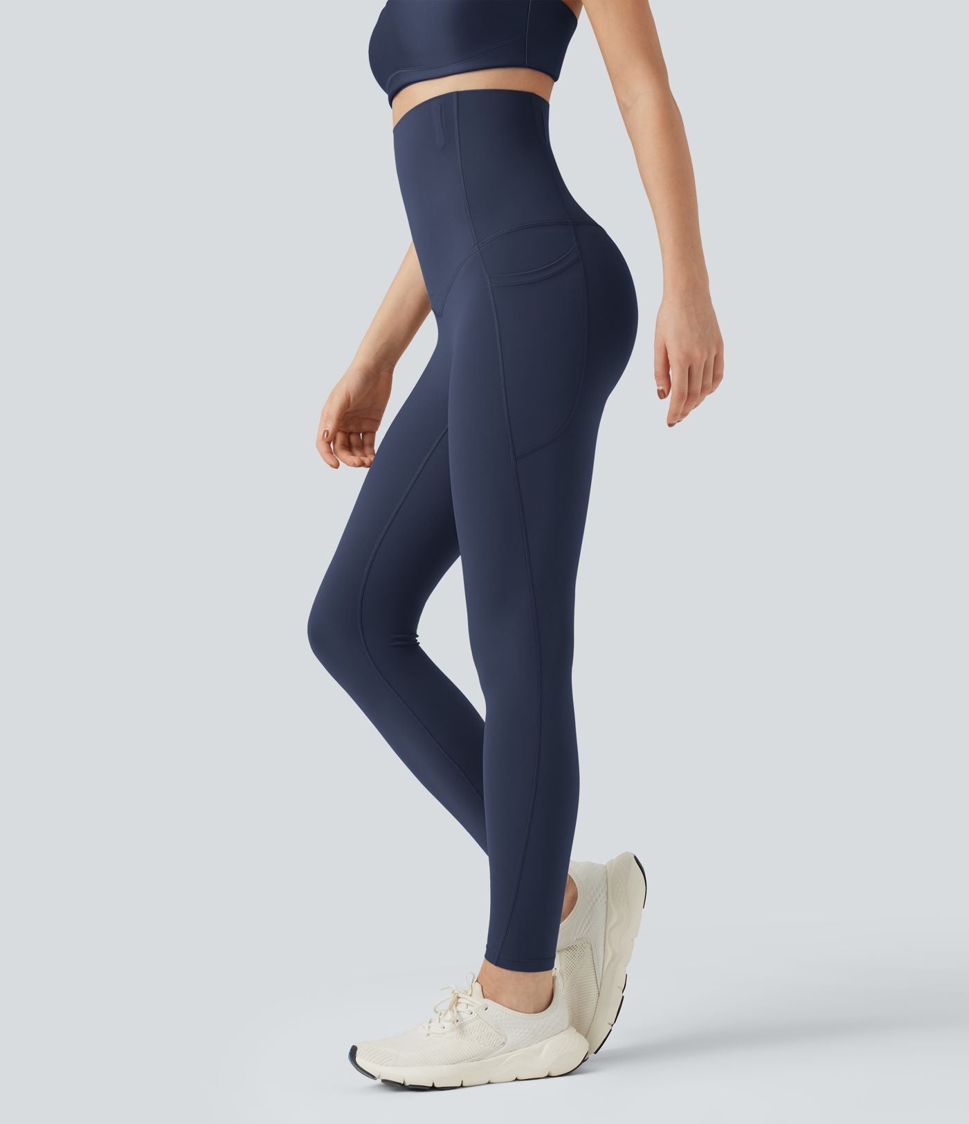 Pantalon large fluide décontracté gainant taille haute avec poches