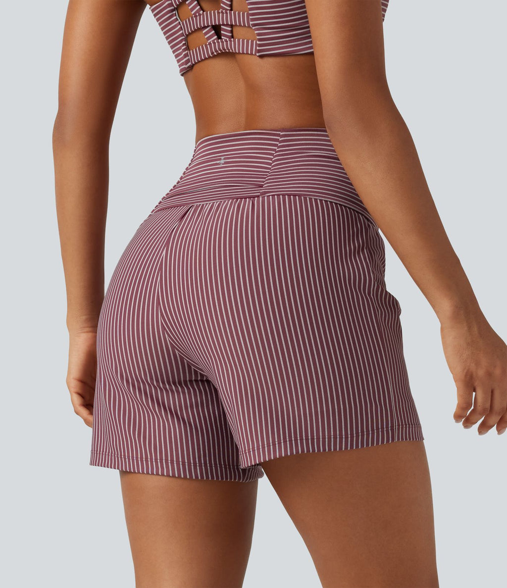 Short de yoga 2-en-1 à rayures, taille très haute, 12,5 cm, à poches