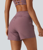 Short de yoga 2-en-1 à rayures, taille très haute, 12,5 cm, à poches