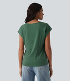 T-shirt casual chiné col V à manches courtes chauve-souris