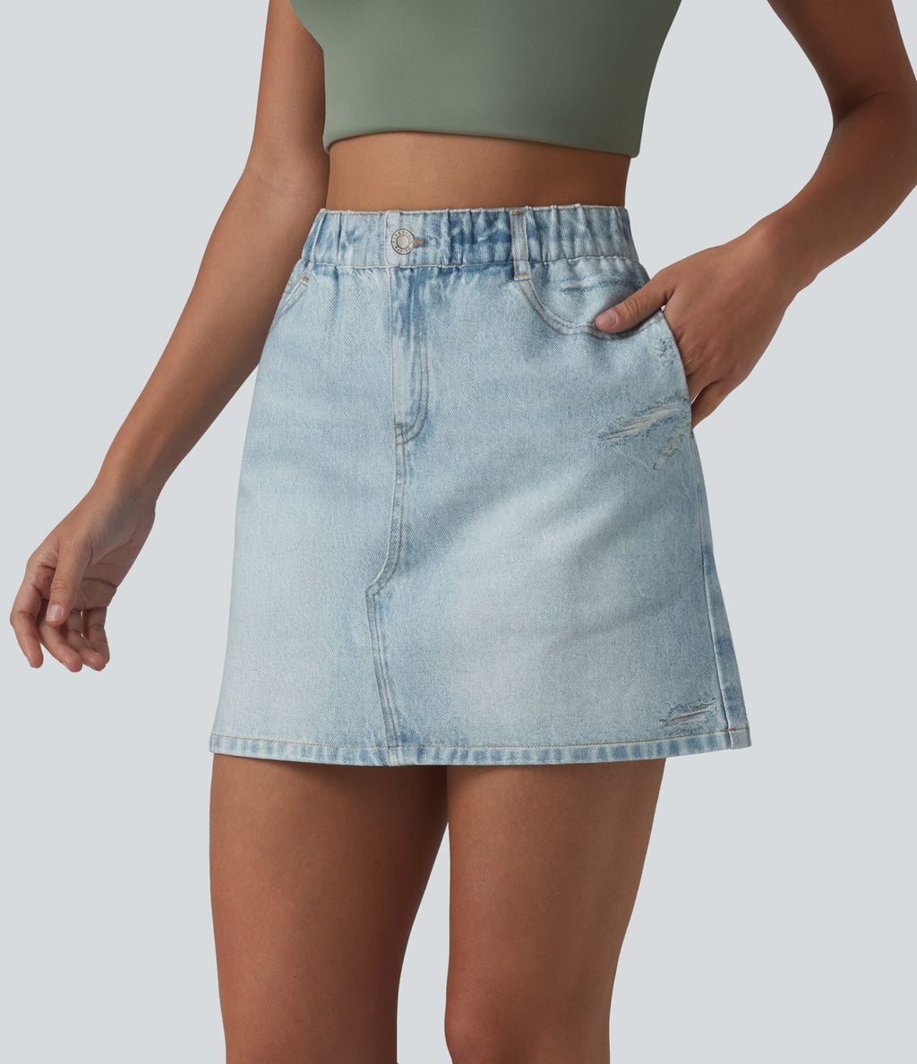 Jupe décontractée taille haute en denim imprimé, molleton français, avec poches