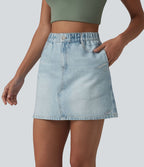 Jupe décontractée taille haute en denim imprimé, molleton français, avec poches