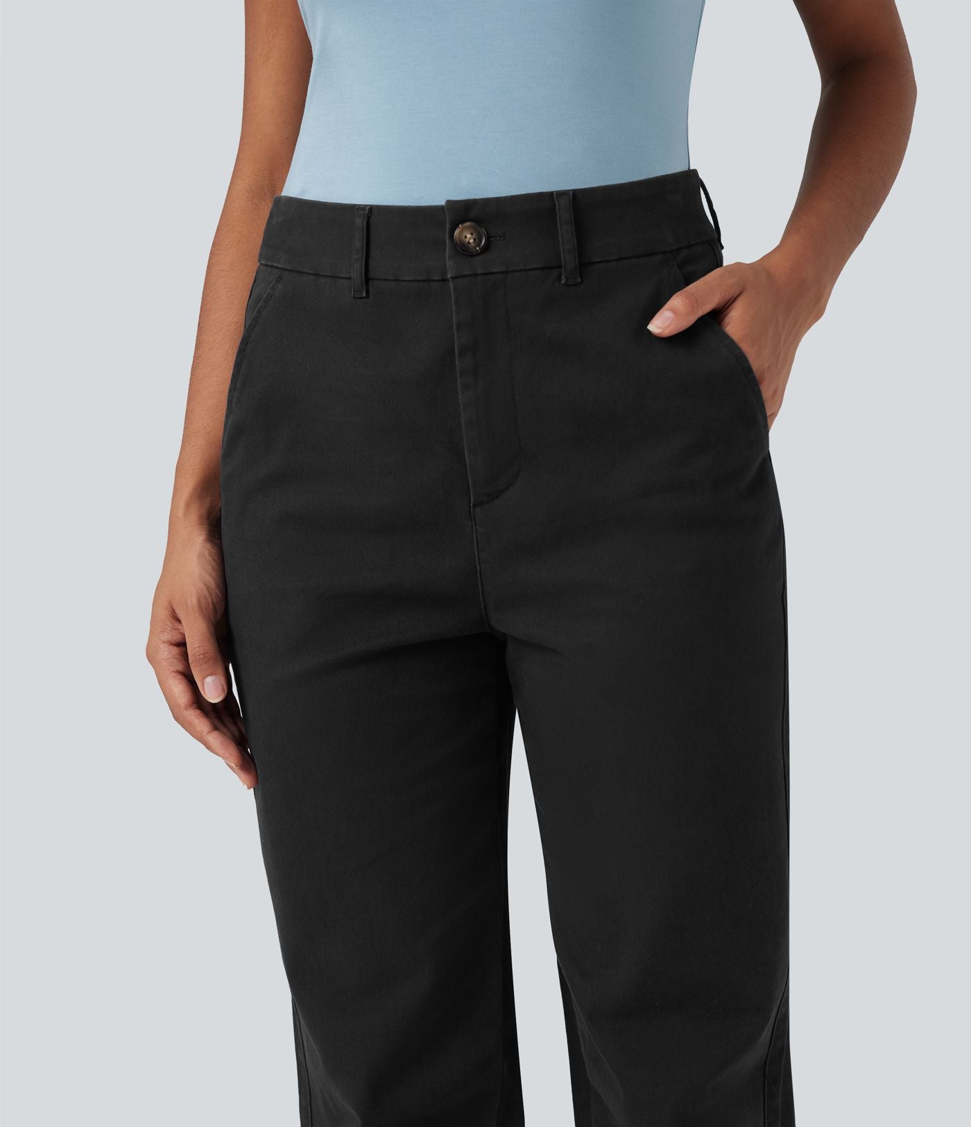 Pantalon coton fuselé taille mi-haute avec poches