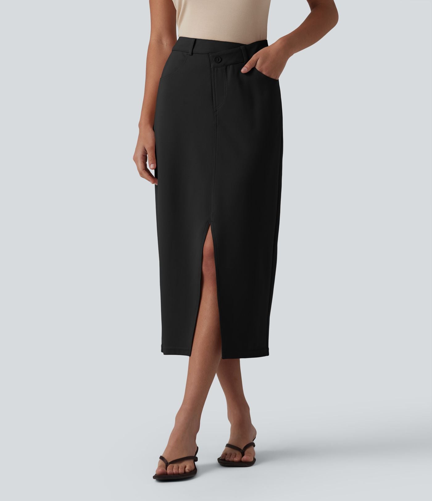 Jupe crayon midi tailleur asymétrique taille moyenne fendue avec poches