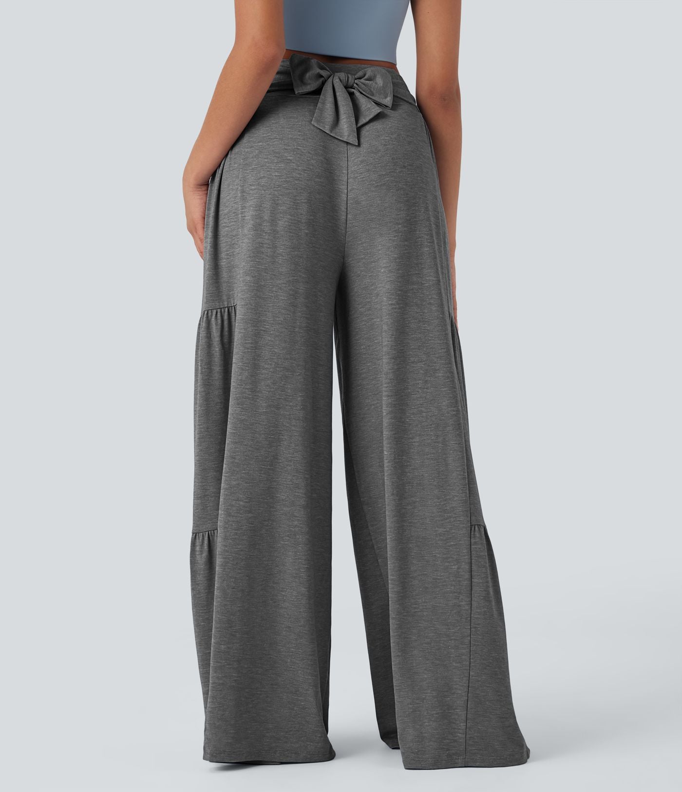 Pantalon danse large fluide taille haute smocké nœuds devant et dos