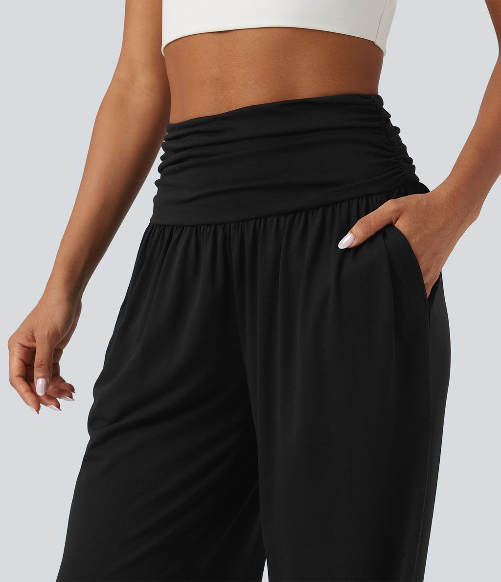 Pantalon de yoga large froncé chiné taille haute avec poches