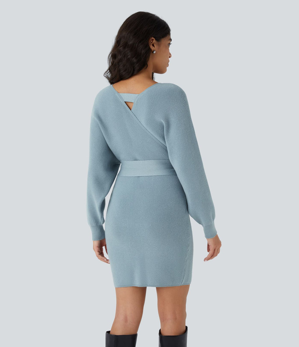 Robe-pull courte décontractée à col V croisé, manches chauve-souris longues et ceinture