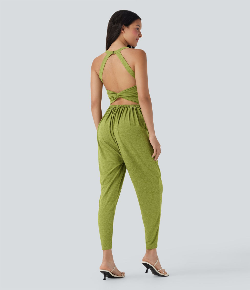 Combinaison sarouel décontractée dos nu torsadé avec brassière intégrée et poches - Édition Easy Peasy