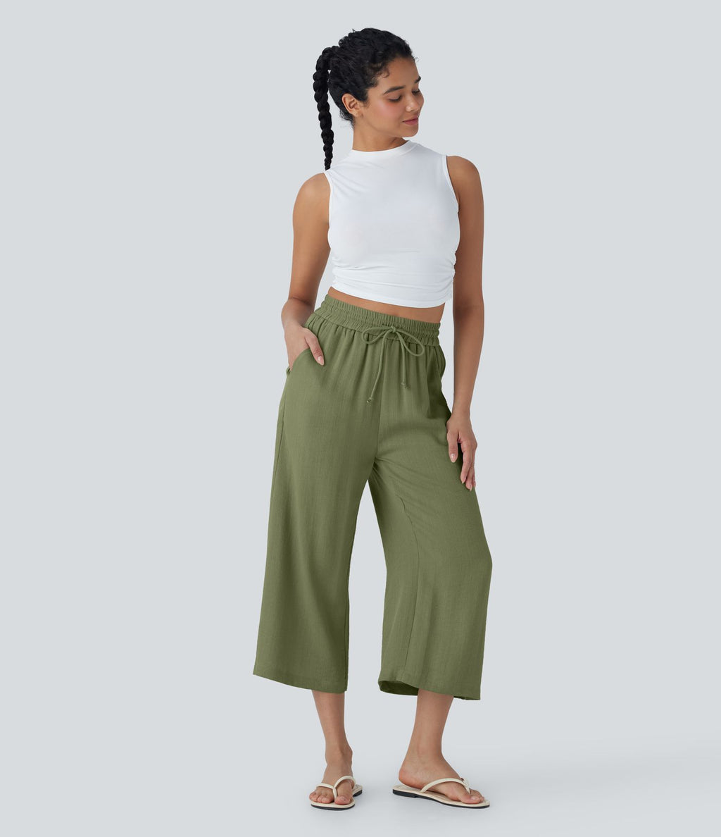 Pantalon décontracté aspect lin 7/8 à taille haute, jambe large avec cordon de serrage et poches latérales