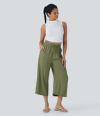 Pantalon décontracté aspect lin 7/8 à taille haute, jambe large avec cordon de serrage et poches latérales