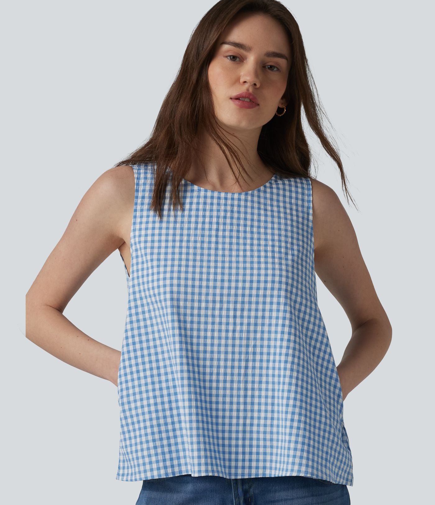Débardeur casual col rond en vichy froissé avec poches