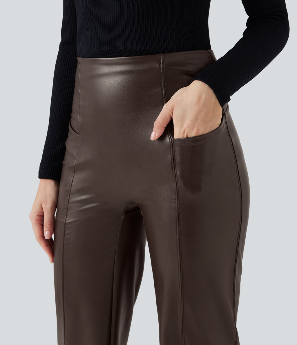 Pantalon similicuir évasé gainant taille haute stretch avec poches