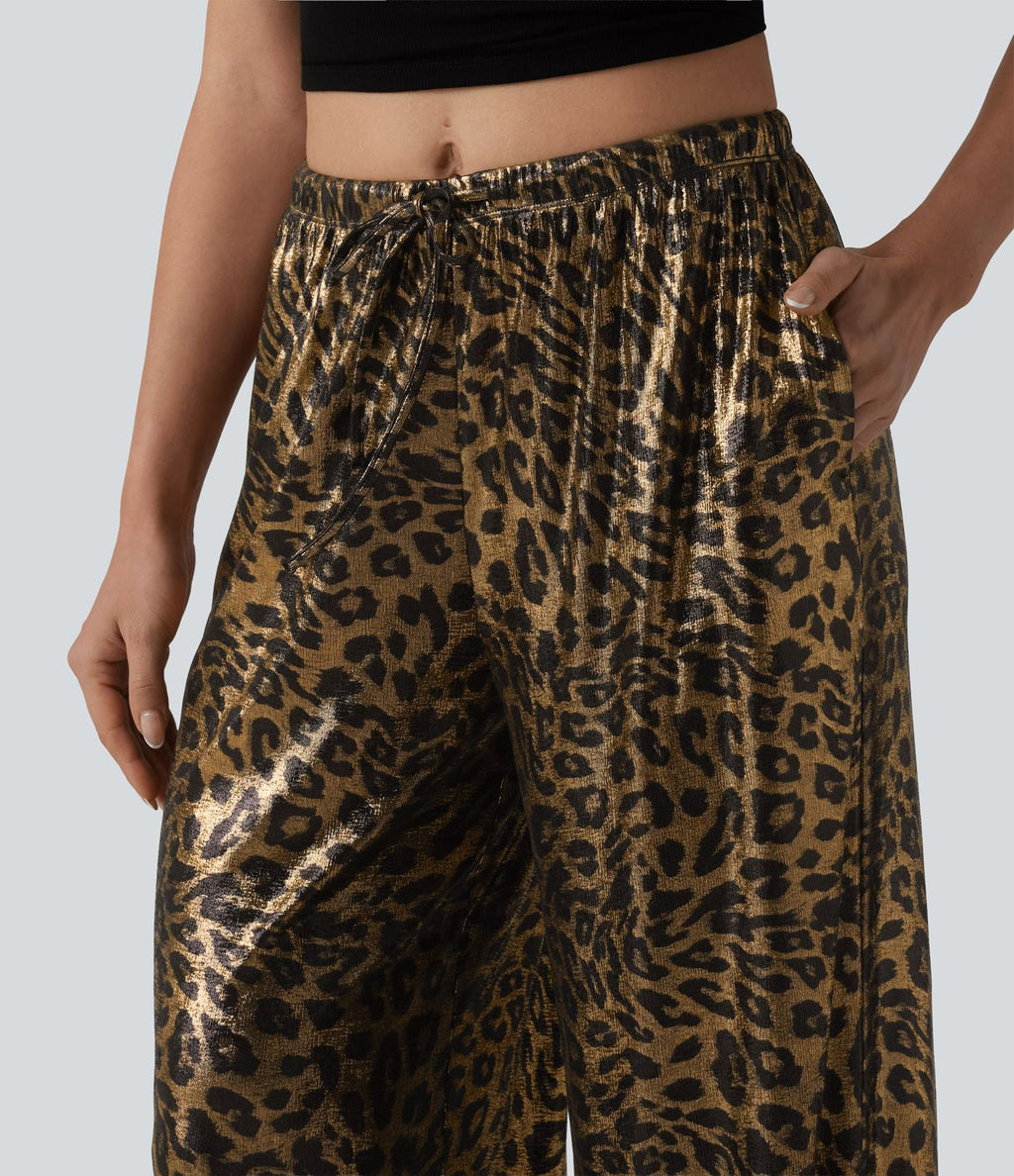 Pantalon leopard large décontracté taille mi-haute avec cordon de serrage et poches