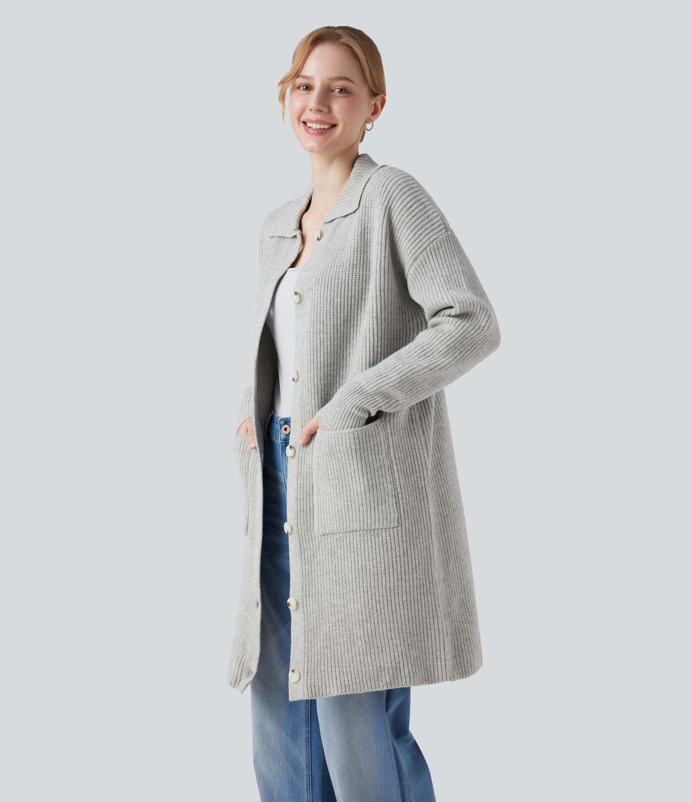 Gilet long casual col manches longues boutonné avec poches