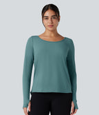 Top de sport yoga SoftlyZero™ Airy mesh contrastant à découpes manches longues avec trous pouces - UPF50+