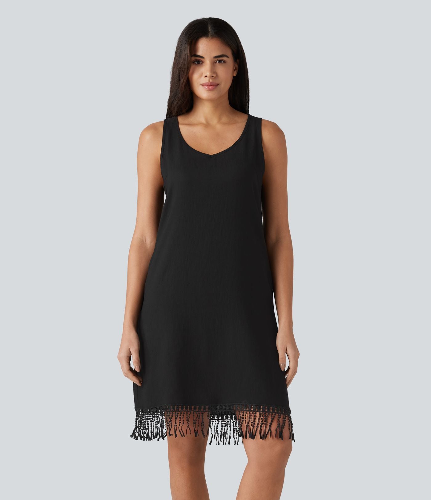 Robe mini sans manches col V avec ourlet à franges