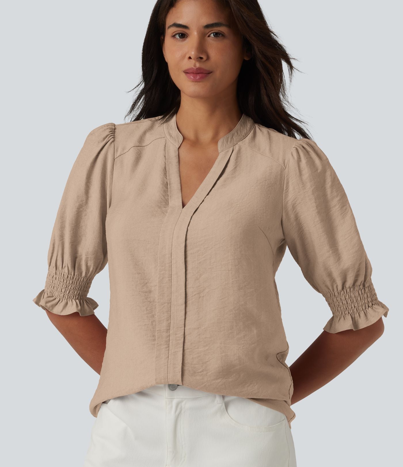 Blouse décontractée à col en V et manches courtes bouffantes