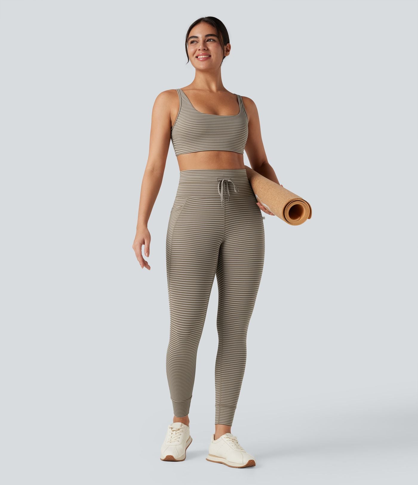 Legging de yoga rayé taille haute avec cordon de serrage et poches