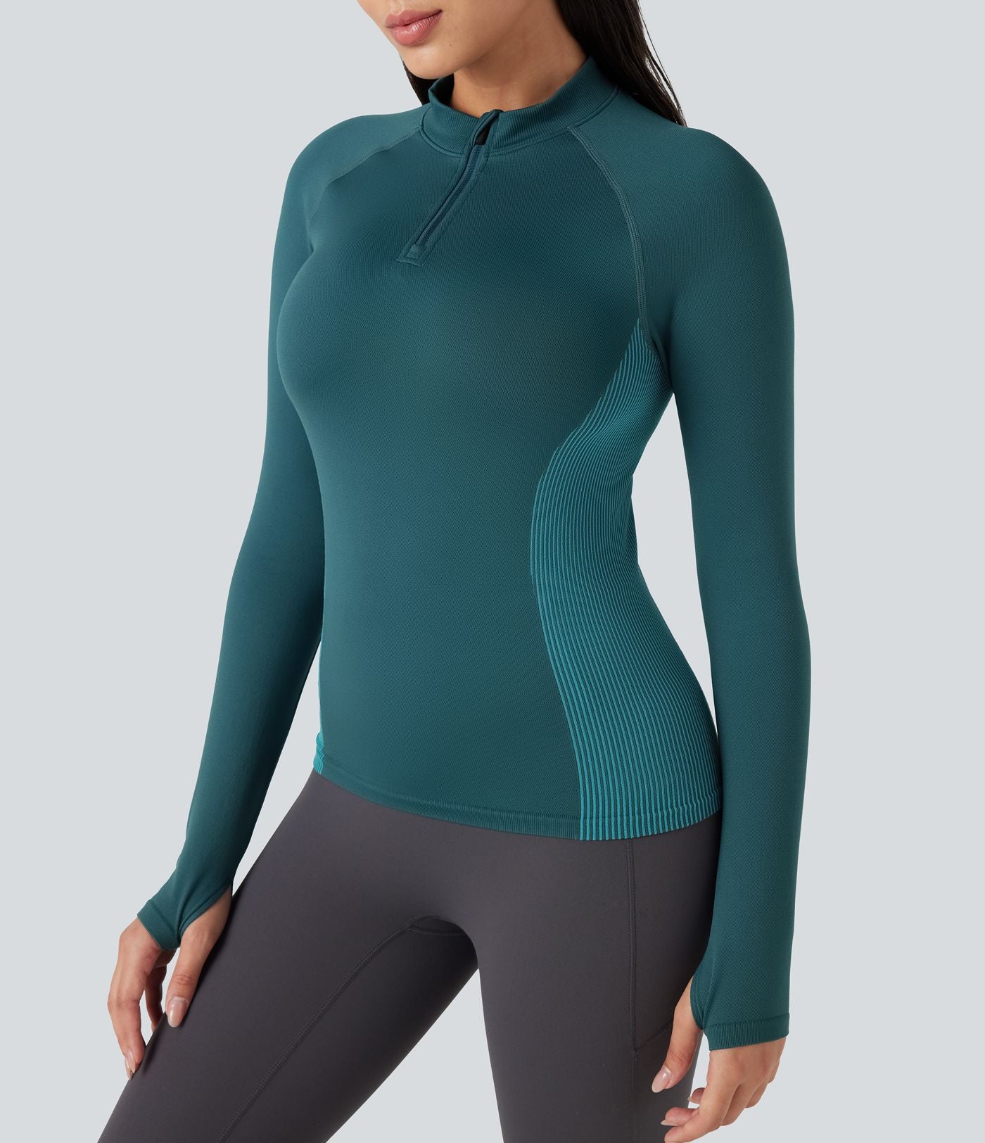 Haut de sport yoga demi-zip à manches longues avec passants pouces sans couture OneForm Seamless Flow