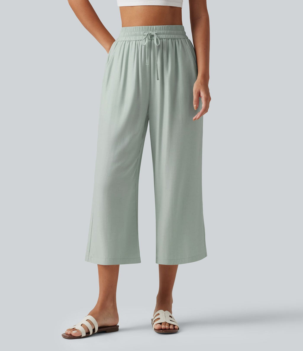 Pantalon large court taille haute en lin mélangé avec cordon de serrage et poches