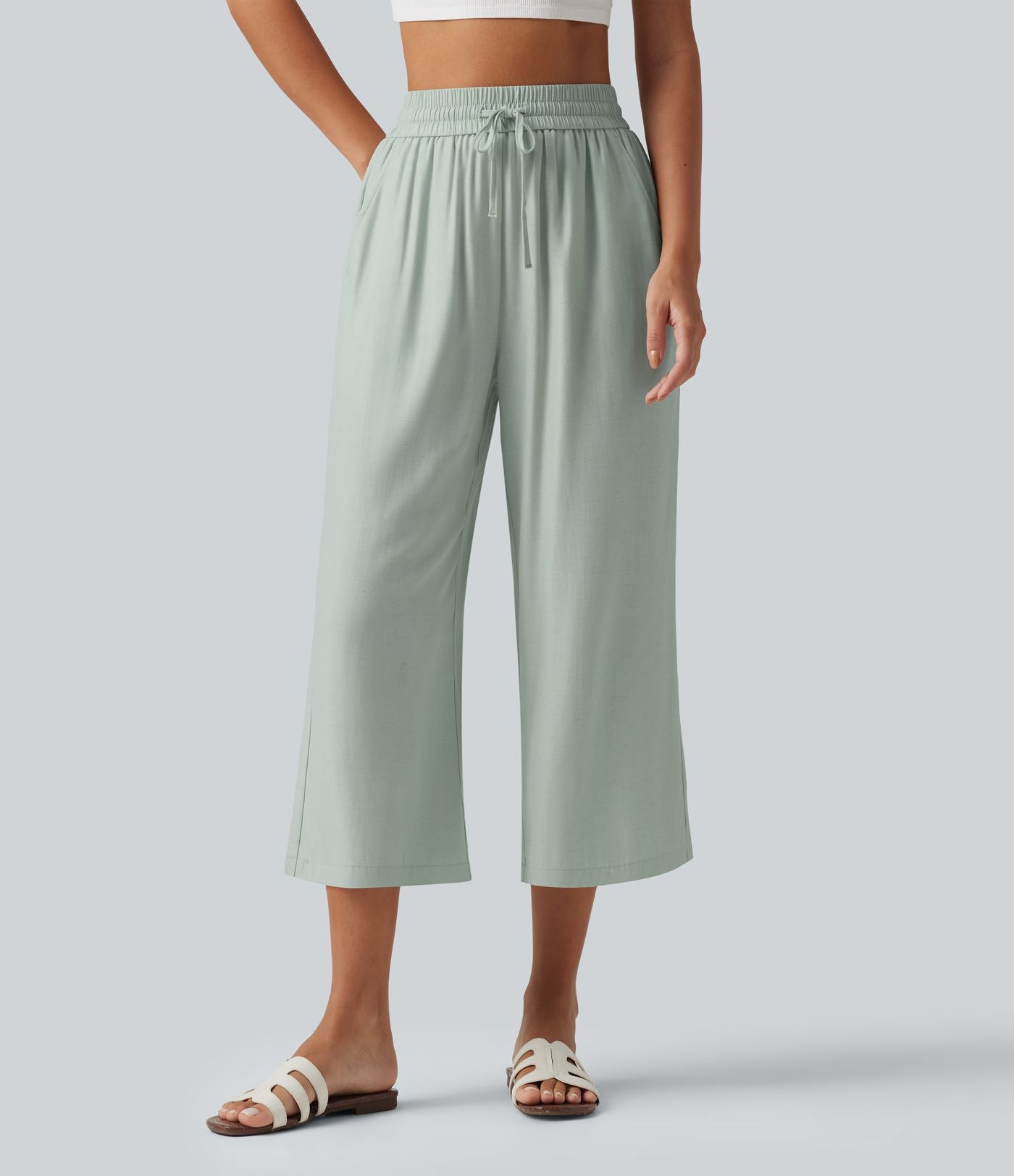 Pantalon large court taille haute en lin mélangé avec cordon de serrage et poches