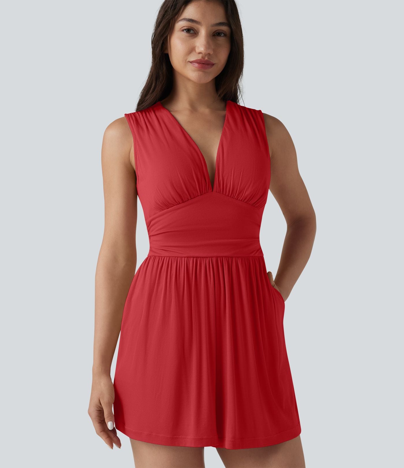 Combishort casual côtelé sans manches col V, fronces et soutien-gorge intégré, avec poches – Easy Peasy