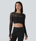 Haut de sport yoga crop top 2-en-1 avec col licou, dos nu, manches longues, passe-pouces et mesh contrastant