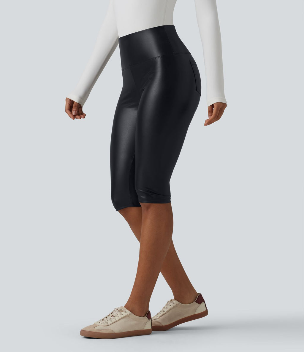 Legging corsaire casual ventre plat taille haute extensible en simili cuir avec poches