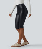 Legging corsaire casual ventre plat taille haute extensible en simili cuir avec poches