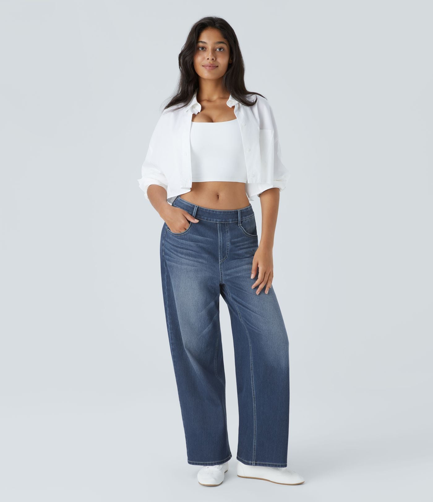 Jean Casual Halara Flex™ Taille Mi-Haute à Jambes Larges Tricot Extensible Lavé avec Poches Multiples