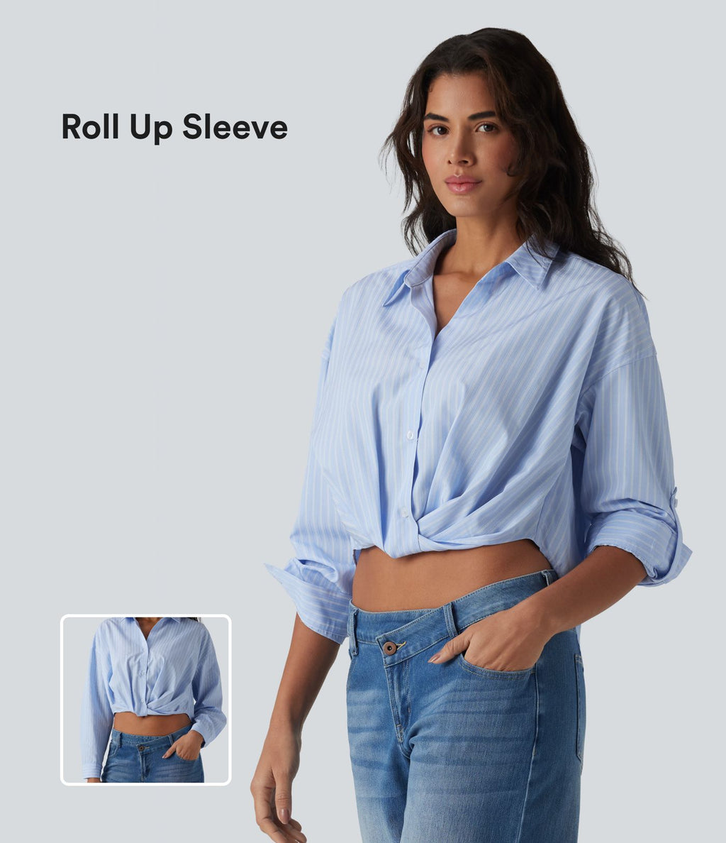Chemise casual col manches retroussées torsadée asymétrique à rayures