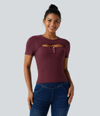 T-shirt en maille côtelée à col rond avec découpe et maintien intégré
