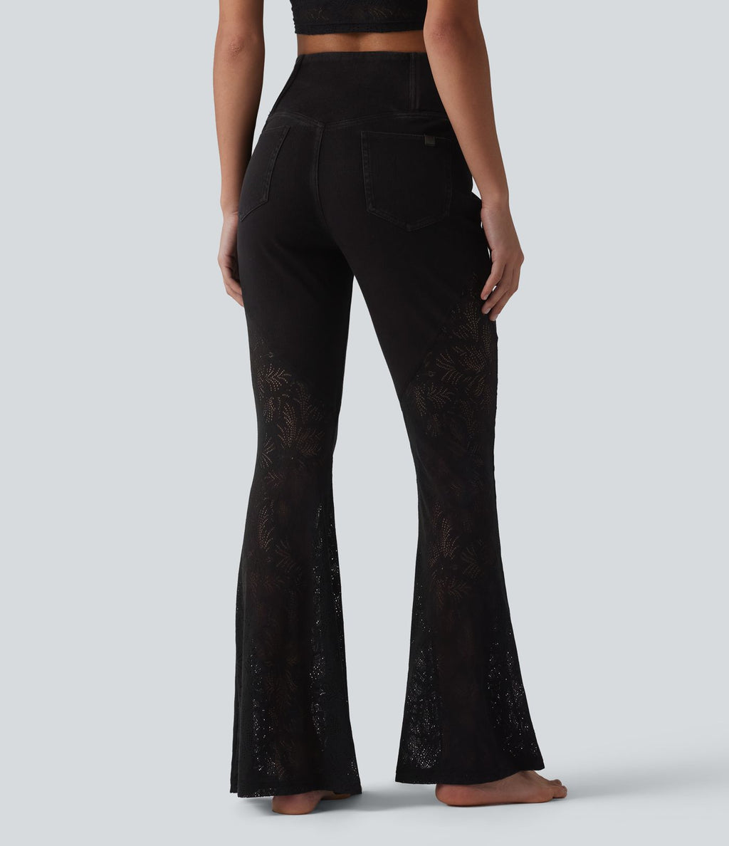 Halara Flex™ Jean évasé casual ventre plat taille haute croisé avec dentelle contrastée et poches